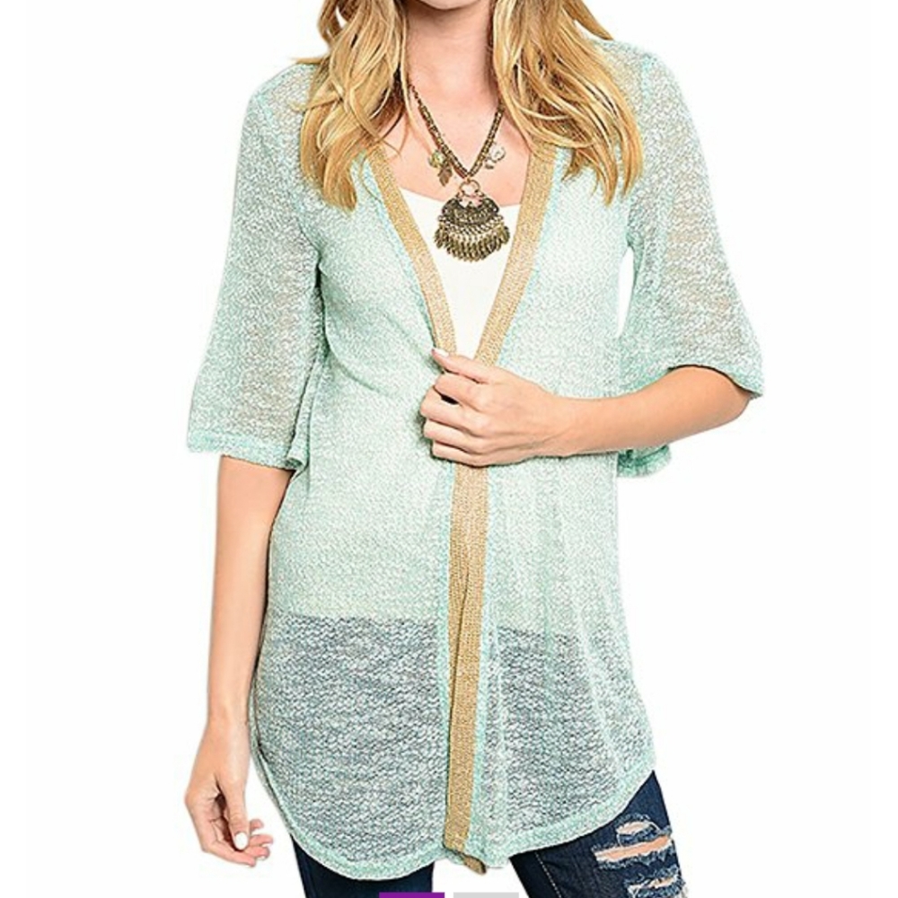 Tiffany blue cardigan with gold trim